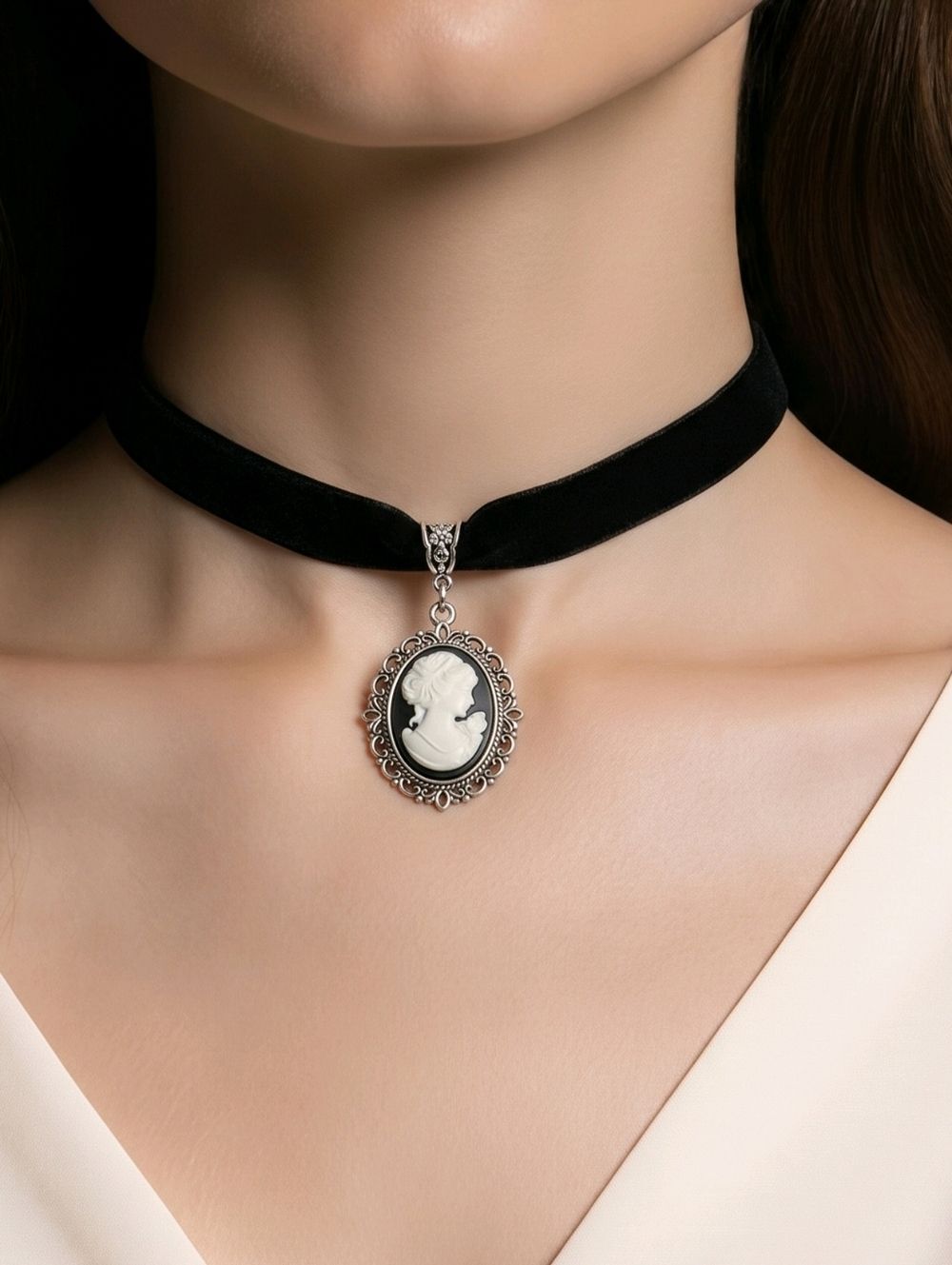 Black Velvet Choker White Cameo Gothic Antique Gold Necklace Dark Romance Vibes